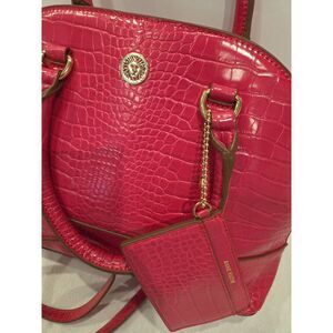 Anne Klein Pink Croc Embossed Dome Satchel Crossbody Purse Bag w Card Holder